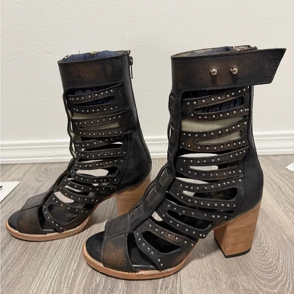 Freebird Lotus Studded Black and Brown Women's Heeled Sandals - Picture 3 of 11